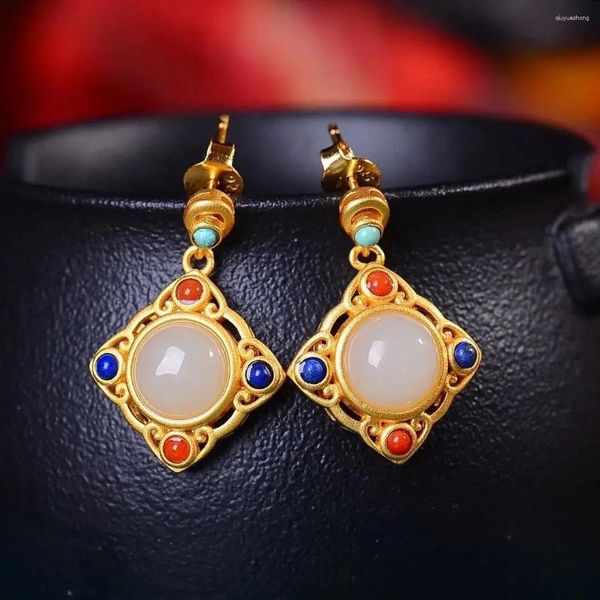 Boucles d'oreilles pendantes en jade hétien naturel Duobao, à tige Vintage, Style classique et ethnique chinois, argent sterling S925, rouge du sud