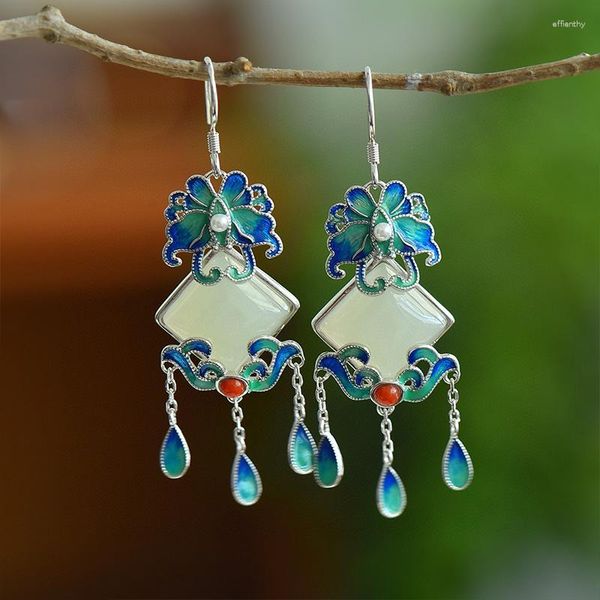 Boucles d'oreilles pendantes naturel Hetian Jade pour femmes couleur argent émail porcelaine papillon gland chinois rétro Hanfu bijoux accessoires