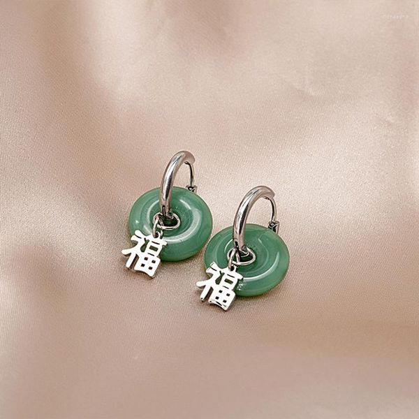 Pendientes colgantes de aro de Jade Natural Hetian para mujer, colgante de Fu de la suerte, joyería para la oreja, hebilla redonda, regalo para niña