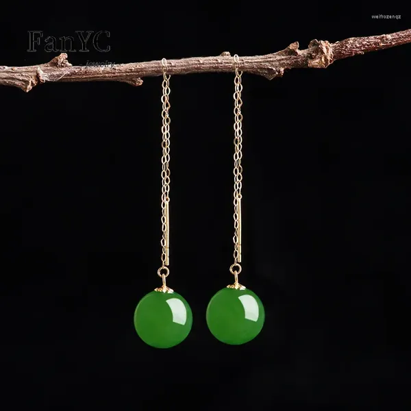 Boucles d'oreilles pendantes en jaspe de jade hétien naturel, ligne d'oreille en perles rondes, ensemble en or 18 carats avec vert épinard, bijoux de luxe à la mode pour femmes, cadeau