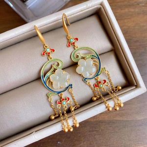 Boucles d'oreilles pendantes en Jade Hetian naturel, petite fleur, Vintage, bleu, Style chinois, longues, argent Sterling S925 plaqué or, Tem