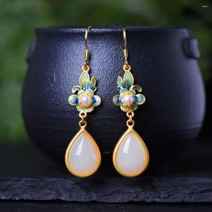 Dangle Brincos Natural Hetian Jade Gota de Água Pedra Branca S925 Prata Esterlina Longa Flor Esmalte Estilo Nacional