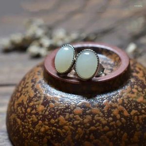 Pendientes colgantes Natural Hetian Jade blanco S925 plata esterlina anillo ovalado artesanía dorada adorno de estilo antiguo y étnico