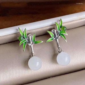 Boucles d'oreilles en peluche naturelle Hétian Jade pour femmes en argent sterling vert bamboua plaque de feuille rétro chinois brûlé en émail bleu émail