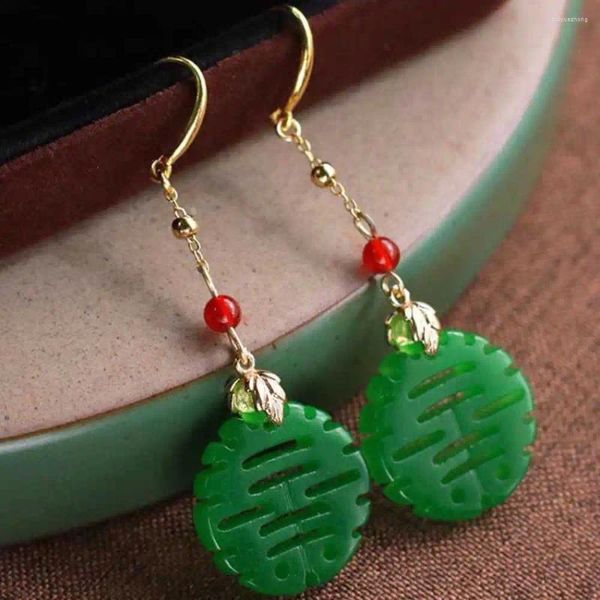 Boucles d'oreilles pendantes en jadéite naturelle, Double bonheur, accessoires de fête d'Halloween, bijoux de Thanksgiving, cadeaux de vacances, année pour femmes