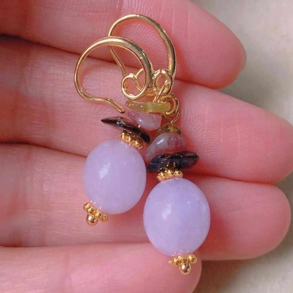 Boucles d'oreilles en peluche Natural Lilac Chalcedony Perles Tourmaline Gold Ear Hook Hoop Art Bridal Stud personnalisé Femmes faites à la main