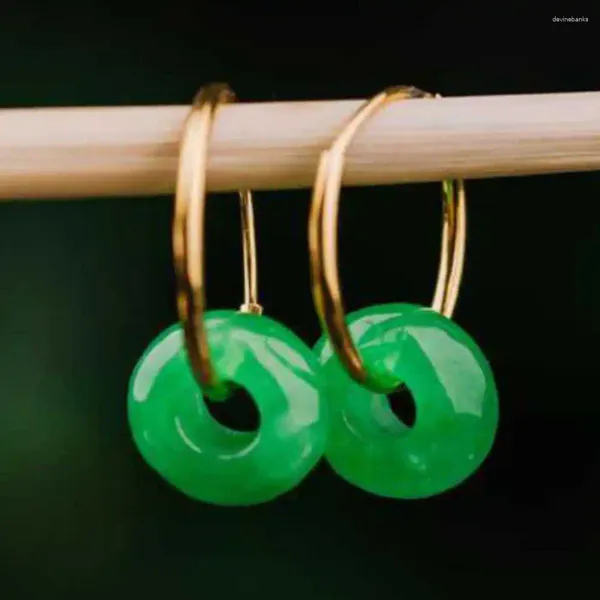 Boucles d'oreilles pendantes en jadéite verte porte-bonheur naturelle, anneau d'oreille, clou d'oreille pour la fête des mères