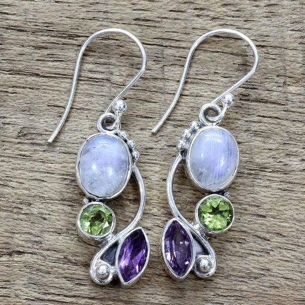 Boucles d'oreilles pendantes pierre de lune naturelle Vintage ethnique bohême argent plaqué pour femmes multicolore Zircon inde bijoux cadeaux