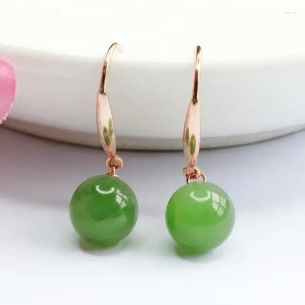 Boucles d'oreilles pendantes en néphrite naturelle, boule de Jade vert, argent Sterling S925, perles rondes Hetian Jades, bijoux en or Rose pour femmes