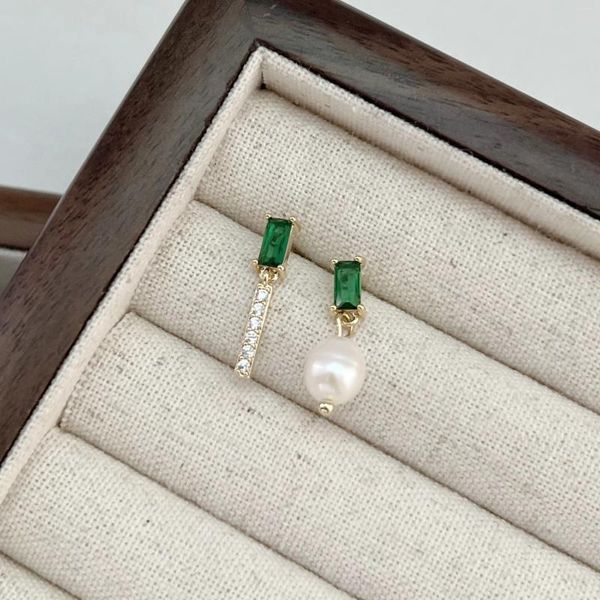 Pendientes colgantes Pendientes colgantes de perlas naturales para mujer Geométricos Genuinos de agua dulce Cristal verde Latón/14k Relleno de oro JACINTO