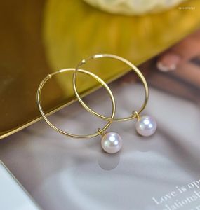 Boucles d'oreilles pendantes perle naturelle mer 18K solide or jaune vrais bijoux (AU750) femmes grand cercle cerceau mode dame