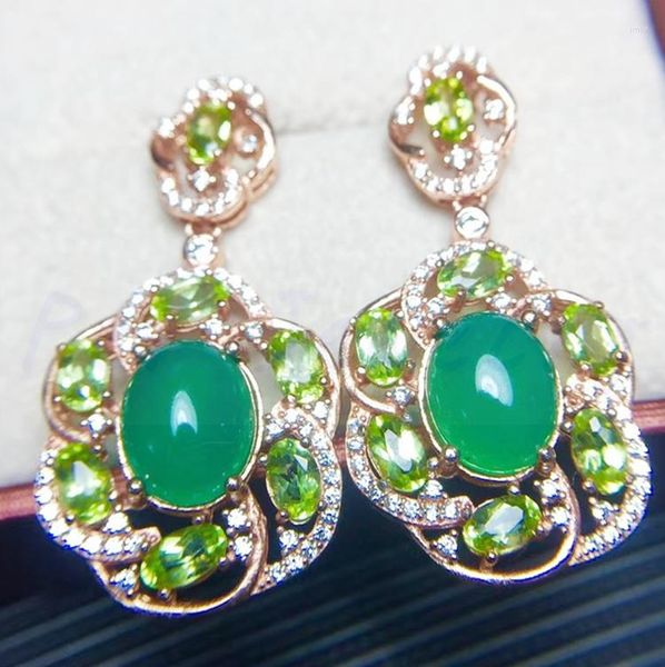 Boucles d'oreilles pendantes péridot naturel calcédoine verte boucle d'oreille en argent sterling 925 0,3 ct 14 pièces 3,5 ct 2 pièces pierres précieuses T852902