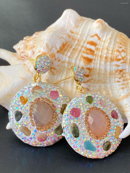 Pendientes colgantes de cristal rosa Natural con diamantes de imitación y turmalina adornados de cuero para mujer, joyería de moda con temperamento elegante