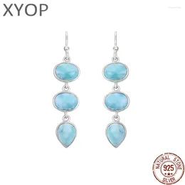 Boucles d'oreilles pendantes en Larimar naturel précieux pour femmes, longues, simples, à la mode, breloque géométrique, bijoux en argent Sterling 925, cadeau classique