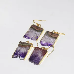 Boucles d'oreilles en peluche en crustal en cristal violet naturel pour femmes femelles big rectangle cru tranche géode drruzy améthyste or plaqué 1 paire