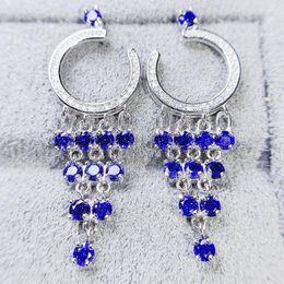 Pendientes colgantes Natural Real Blue Sapphire Luxury Big Drop Earring 0.15ct 22pcs Gemstone 925 Sterling Silver Fine Jewelry J23367