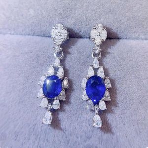 Dange oorbellen Natuurlijke echte blauwe saffier drop oorr earring luxe stijl 5 6mm 0,95ct 2pcs edelsteen 925 Sterling zilveren fijne sieraden L243162