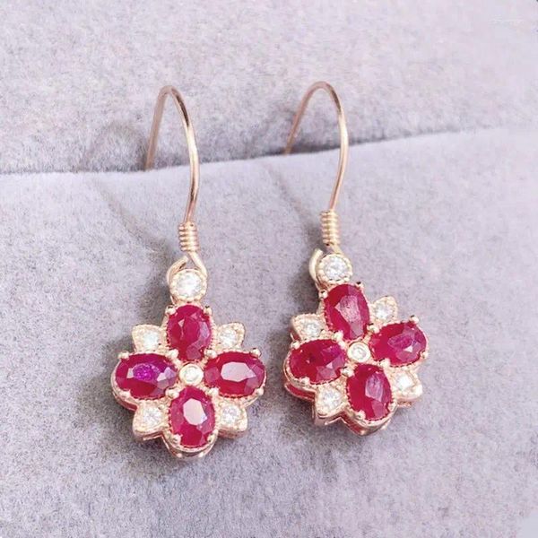 Boucles d'oreilles pendantes en rubis rouge naturel, 8 pièces, Style fleur, 3, 4mm, 0,35 ct, pierres précieuses, argent Sterling 925, bijoux fins, L24362