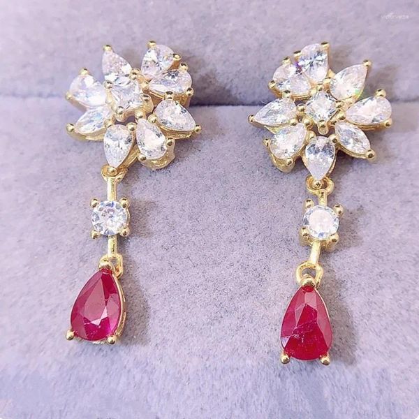 Boucles d'oreilles pendantes Naturel véritable rouge rubis goutte boucle d'oreille de luxe fleur Style 4 6mm 0.45ct 2 pièces pierres précieuses 925 en argent Sterling bijoux fins L24367
