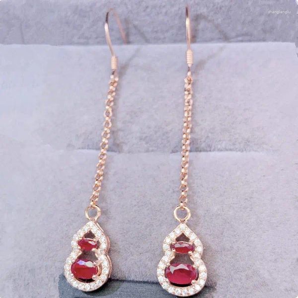 Boucles d'oreilles en peluche naturel réel rouge ruby drop boucle oreille cucurbit long style 0,4ct 2pcs 0,6ct pierre de pierre précieuse 925 Bijoux fin en argent sterling l24364