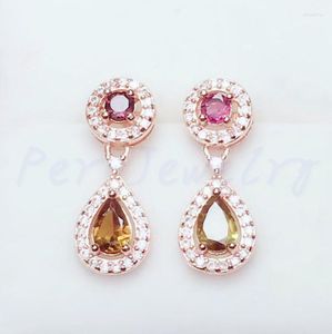 Boucles d'oreilles pendantes en tourmaline véritable naturelle, 0,45 ct, 2 pièces de pierres précieuses 0,15 ct, argent Sterling 925, T18112105