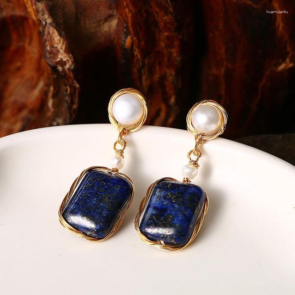 Boucles d'oreilles pendantes Rectangle naturel Lapis Lazuli eau douce charme goutte boucle d'oreille pour les femmes cadeau de mariage Vintage Design Original