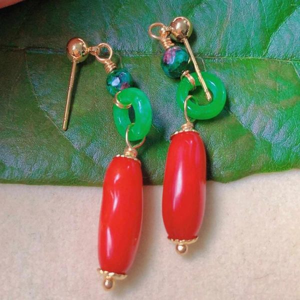 Boucles d'oreilles pendantes en corail rouge naturel, perles de jadéite et de malachite, clou d'oreille en or 18 carats, pour la Saint-Valentin, Halloween, bijoux de fête, crochet, cadeau de carnaval