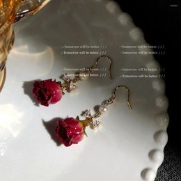 Dangle Oorbellen Natuurlijke Roos Bloem Oorbel Mode Onsterfelijke Sieraden Hars Epoxy Zirkoon Echt Voor Vrouwen 2024 Trendy