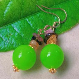 Boucles d'oreilles en peluche naturel perles de jade vert rond