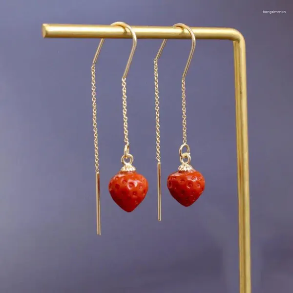 Boucles d'oreilles pendantes en argent Sterling S925, Agate rouge du sud naturelle, fraise suspendue, pompon d'oiseau de printemps, frais et élégant