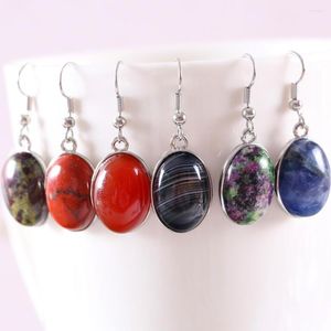 Boucles d'oreilles pendantes en pierre naturelle pour femmes, 1 paire, perles ovales en Onyx rouge violet bleu véritable, en acier inoxydable, opale blanche