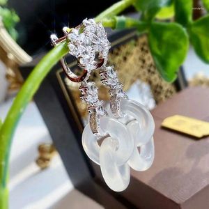 Boucles d'oreilles en peluche à anneau de pierre naturelle Double luxe S925 Ornement de pendentif en jade rond en argent sterling