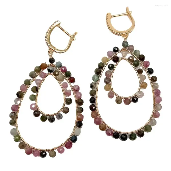 Boucles d'oreilles pendantes en forme de larme naturelle, tourmaline multicolore, pavé de levier à l'arrière, faites à la main pour femmes