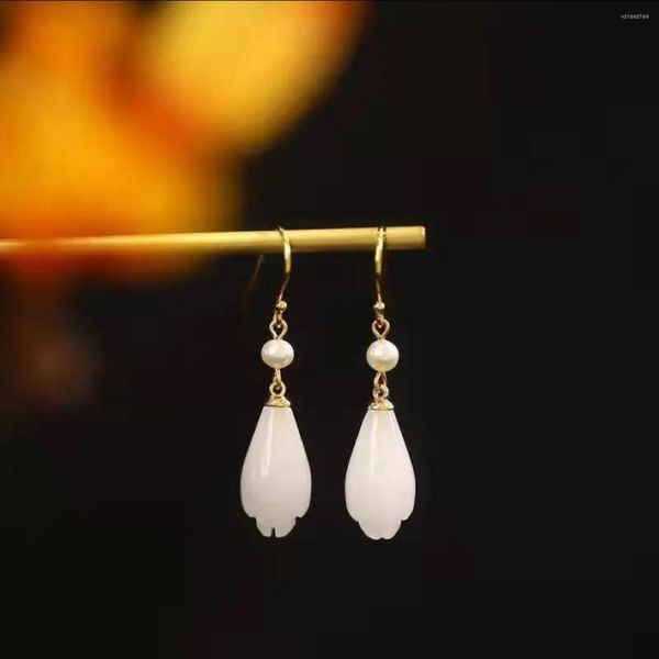 Boucles d'oreilles pendantes Jade blanc naturel perle boucle d'oreille pour femme Magnolia fleur crochet à la mode charme fille cadeau bijoux de mode