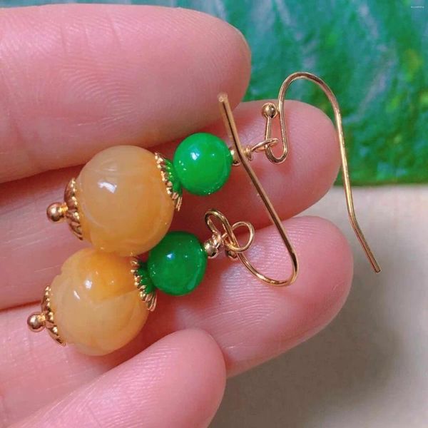 Boucles d'oreilles en peluche naturel jaune hetian jade jadéite perles d'oreille doré cow-oreille femme de mariage clip-on coutume coutume formel children bureau argent