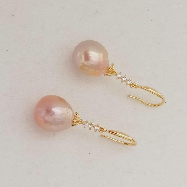 Pendientes colgantes Pendientes de perlas naturales de agua dulce con bonito gancho - Rosa barroco 12-13 mm grande