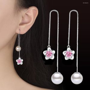 Boucles d'oreilles pendantes NEHZY plaqué argent bijoux de mode pour femmes ligne d'oreille bleu rose zircon cubique perle fleur longue gland rétro