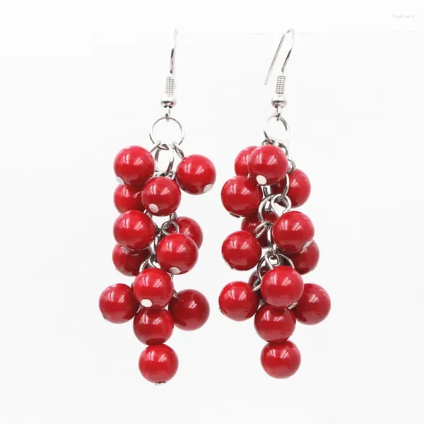 Pendientes colgantes, pendiente largo étnico neogótico para mujer, 8mm, gota de Coral Artificial rojo, forma de uva, joyería de moda, gota para el oído A660