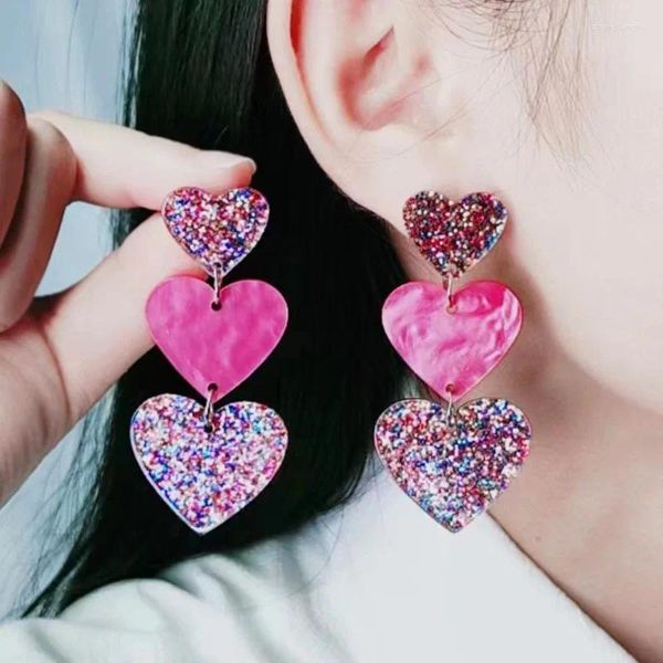 Boucles d'oreilles pendantes néon trois grands cœurs pour femmes, longues boucles d'oreilles en acrylique, grandes boucles d'oreilles pour filles, bijoux coréens d'été