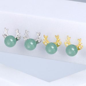 Boucles d'oreilles en peluche néphrite jade cerf vert énergie naturelle nés gemles chinoises masse d'oreilles sculptées femmes talismans de pierres précieuses 925 charmes argentés