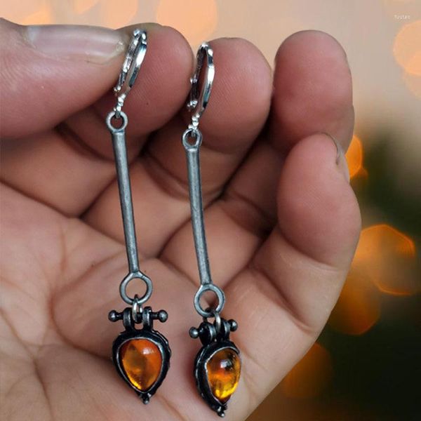 Pendientes colgantes naranja en forma de gota bohemios de Metal antiguo con incrustaciones de gemas accesorios llamativos para mujeres estéticas