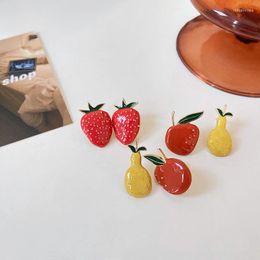 Boucles d'oreilles pendantes origine été mignon Orange fraise poire émail pour les femmes Design Unique fruits feuille verte bijoux