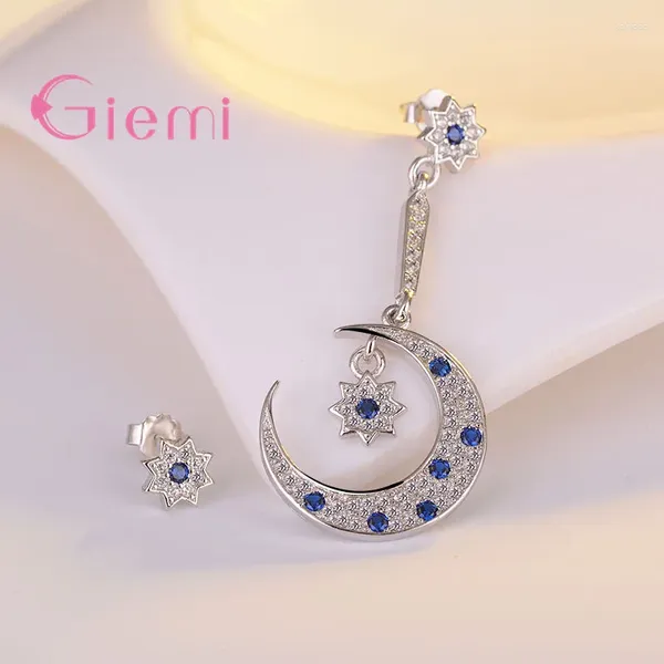 Boucles d'oreilles pendantes originales en argent Sterling 925, lune et étoile, élégantes, pour femmes et filles, perle bleue brillante, cristal, bijoux Brincos