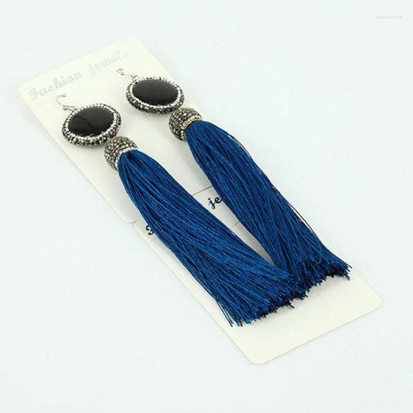 Boucles d'oreilles pendantes Original bohême bleu foncé tissu de soie gland strass casquette pierre noire breloques connecteurs longue goutte pour les femmes