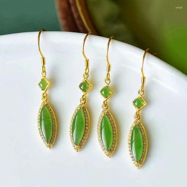 Pendientes colgantes diseño original diamante natural hetian jade sol hoja verde largo exquisito fresco estilo chino joyería señoras