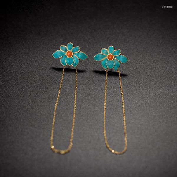 Boucles d'oreilles pendantes Design original goutte colle émail porcelaine Lotus frangé chinois rétro cour Style élégant charme femmes bijoux en argent