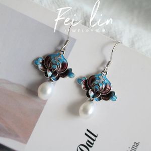 Boucles d'oreilles pendantes Design original émail porcelaine pétales perle Style chinois rétro charme lumière luxe femmes marque argent bijoux Chandeli
