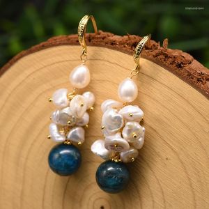 Boucles d'oreilles pendantes Design Original goutte à la main pour les femmes perle d'eau douce naturelle pierre bleue bijoux fins cadeaux de fête de mariage