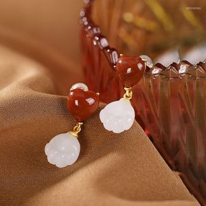 Boucles d'oreilles pendantes Design original naturel Hetian Magnolia fleur sud rouge Tourmaline amour Style chinois rétro charme dames bijoux