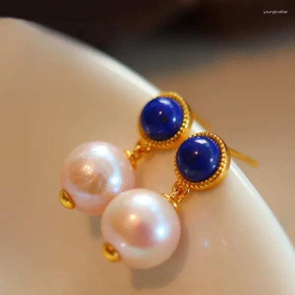 Boucles d'oreilles pendantes Design original perle boucle d'oreille argent incrusté Vintage haut de gamme Lapis Lazuli clous d'oreille dames mariage fiançailles bijoux cadeau